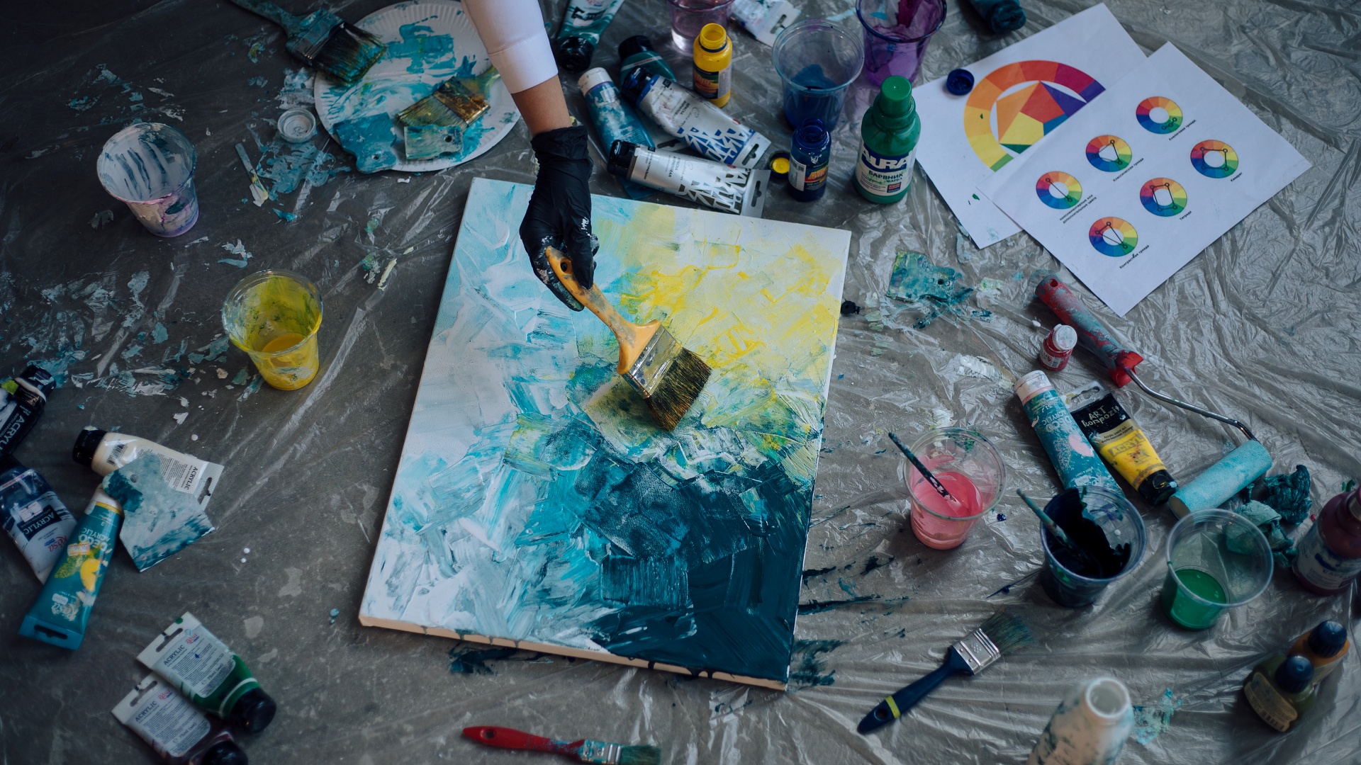 Creative materials arranged for a collaborative art activity